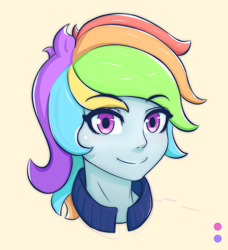 Size: 2324x2550 | Tagged: safe, artist:figs, derpibooru import, rainbow dash, human, bust, eye clipping through hair, eyebrows, eyebrows visible through hair, female, high res, humanized, looking at you, simple background, smiling, smiling at you, solo, yellow background