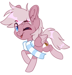 Size: 1836x1928 | Tagged: safe, artist:silkensaddle, derpibooru import, oc, oc only, oc:pastel dawn, pegasus, pony, chibi, clothes, cute, cutie mark, male, one eye closed, scarf, simple background, solo, stallion, transparent background, wink