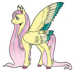 Size: 1280x1224 | Tagged: safe, artist:aspen--trees, derpibooru import, fluttershy, pegasus, pony, chest fluff, colored ear fluff, colored hooves, colored wings, colored wingtips, elbow fluff, feathered fetlocks, female, mare, multicolored wings, one wing out, outline, profile, simple background, smiling, solo, standing, tail, tail feathers, transparent background, white outline, wings