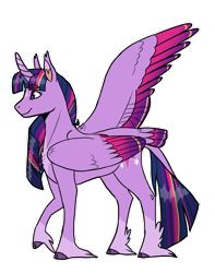 Size: 1280x1621 | Tagged: safe, artist:aspen--trees, derpibooru import, twilight sparkle, twilight sparkle (alicorn), alicorn, pony, colored wings, female, hoof fluff, long feather, mare, multicolored wings, one wing out, simple background, solo, tail, tail feathers, transparent background, unshorn fetlocks, wings