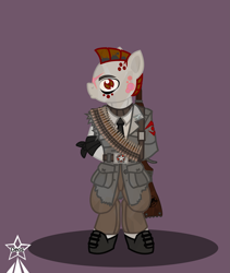 Size: 4245x5021 | Tagged: safe, artist:devorierdeos, derpibooru import, oc, oc only, earth pony, fallout equestria, bipedal, clothes, dyed hair, gun, machine gun belt, military uniform, mohawk, mosin nagant, officer, red eye army, rifle, simple background, slaver, torn clothes, ulcers, uniform, weapon