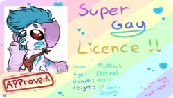 Size: 1195x679 | Tagged: safe, artist:beamybutt, derpibooru import, oc, oc only, dog, dog pony, original species, :p, commission, ear fluff, ears, floppy ears, heterochromia, id card, license, neckerchief, solo, tongue, tongue out, ych result