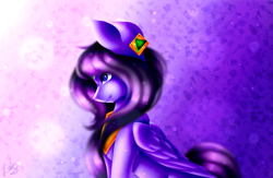 Size: 2295x1500 | Tagged: safe, artist:prettyshinegp, derpibooru import, oc, oc only, pegasus, pony, abstract background, ear piercing, female, mare, pegasus oc, peytral, piercing, smiling, solo, wings