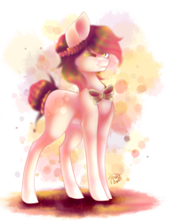 Size: 1109x1405 | Tagged: safe, artist:prettyshinegp, derpibooru import, oc, oc only, earth pony, pony, bowtie, earth pony oc, female, laurel wreath, mare, one eye closed, signature, simple background, smiling, solo, transparent background, wink