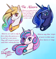 Size: 3293x3509 | Tagged: safe, artist:snowballflo, derpibooru import, princess celestia, princess flurry heart, princess luna, alicorn, pony, bust, ear fluff, ears, female, mare, older, older flurry heart, peytral, signature, smiling