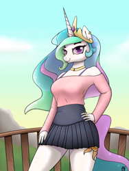 Size: 3000x4000 | Tagged: safe, artist:naen, derpibooru import, princess celestia, alicorn, anthro, plantigrade anthro, bra, candy, clothes, crown, ear piercing, earring, female, food, happy, jewelry, lollipop, mare, miniskirt, mountain, off shoulder, off shoulder sweater, piercing, pleated skirt, regalia, scenery, skirt, smiling, solo, sweater, underwear, wingless, wingless anthro