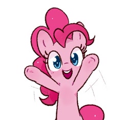 Size: 430x403 | Tagged: safe, artist:fipoki, derpibooru import, pinkie pie, earth pony, pony, bipedal, cute, diapinkes, female, looking at you, mare, motion lines, open mouth, open smile, raised hoof, raised leg, simple background, smiling, solo, teeth, white background