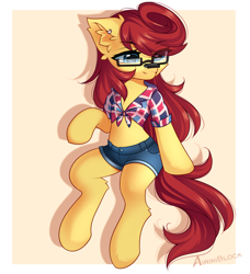 Size: 1264x1387 | Tagged: safe, artist:airiniblock, derpibooru import, oc, oc only, oc:golden, earth pony, pony, semi-anthro, clothes, commission, cute, denim shorts, ear fluff, ear piercing, earring, ears, eye clipping through hair, eyebrows, eyebrows visible through hair, female, flash drive, front knot midriff, glasses, jewelry, mare, midriff, piercing, rcf community, shirt, shorts, sitting, solo