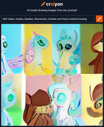 Size: 760x926 | Tagged: safe, derpibooru import, machine learning generated, gallus, ocellus, sandbar, silverstream, smolder, yona, changedling, changeling, classical hippogriff, dragon, earth pony, griffon, hippogriff, pony, yak, animal crossing, craiyon, dall·e mini, student six