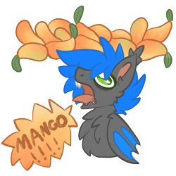 Size: 2000x2000 | Tagged: safe, artist:michini, derpibooru import, oc, oc:prismarine gale, bat pony, pony, drool, food, mango, screaming, simple background, speech bubble, text, transparent background