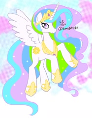 Size: 1216x1625 | Tagged: safe, artist:hanagehoge, derpibooru import, princess celestia, alicorn, pony, female, flying, horn, jewelry, mare, profile, regalia, simple background, solo, spread wings, white background, wings