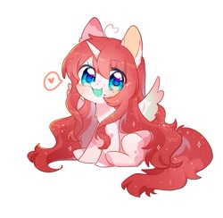 Size: 567x553 | Tagged: safe, artist:dreamsugar, derpibooru import, oc, oc only, oc:nokori, alicorn, pony, chibi, commission, eye clipping through hair, female, heart, horn, looking at you, open mouth, open smile, simple background, sitting, smiling, smiling at you, solo, speech bubble, spread wings, white background, wings