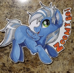 Size: 2846x2815 | Tagged: safe, artist:annuthecatgirl, derpibooru import, oc, oc only, oc:zoomy boi, pegasus, badge, traditional art