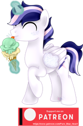 Size: 1280x1948 | Tagged: safe, artist:pure-blue-heart, derpibooru import, oc, oc only, oc:dusk bolt, alicorn, alicorn oc, food, freckles, horn, ice cream, magic, male, patreon, patreon logo, patreon reward, simple background, solo, telekinesis, transparent background, watermark, wings