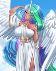 Size: 3773x4800 | Tagged: safe, artist:racoonsan, derpibooru import, princess celestia, human, bare shoulders, big breasts, breasts, clothes, dress, eye clipping through hair, hair over one eye, horn, horned humanization, humanized, looking at you, moderate dark skin, praise the sun, princess breastia, smiling, smiling at you, solo, tan skin, winged humanization, wings