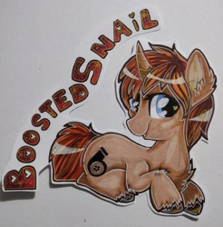 Size: 2822x2868 | Tagged: safe, artist:annuthecatgirl, derpibooru import, oc, oc only, oc:boosted snail, unicorn, badge, solo, traditional art