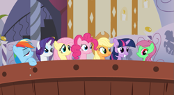 Size: 937x513 | Tagged: safe, derpibooru import, edit, edited screencap, screencap, applejack, fluttershy, minty, pinkie pie, rainbow dash, rarity, twilight sparkle, unicorn twilight, earth pony, pegasus, pony, unicorn, bridle gossip, adventures in ponyville, hot tub, mane six, ponyville spa, relaxing, smiling