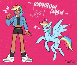 Size: 2048x1736 | Tagged: safe, artist:luxcip, derpibooru import, rainbow dash, human, pegasus, pony, belly button, belt, clothes, dark skin, dreamworks face, ear piercing, earring, female, flying, grin, humanized, jacket, jewelry, mare, midriff, nail polish, piercing, pink background, raised hoof, raised leg, self paradox, self ponidox, shoes, shorts, simple background, smiling, sneakers, socks, solo, sports bra, striped socks