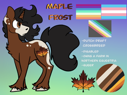 Size: 2224x1668 | Tagged: safe, artist:maplefr0st, artist:~doughderg, derpibooru import, oc, oc:maple frost, pony, unicorn, autumn, blotches, disabled, draft horse, draft pony, fall themed, queer, reference sheet, spots, working horse