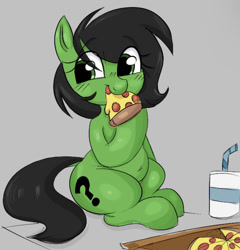 Size: 1166x1216 | Tagged: safe, artist:mushy, derpibooru import, oc, oc:anon filly, earth pony, pony, aggie.io, belly, chubby, eating, female, filly, foal, food, gray background, pizza, pizza box, simple background, soda, solo