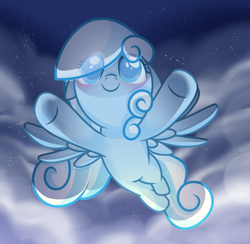 Size: 983x959 | Tagged: safe, artist:gouzitongxue23284, derpibooru import, oc, oc:snowdrop, pegasus, pony, blushing, cloud, female, filly, flying, foal, night, smiling, solo