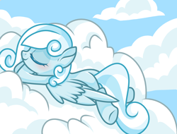 Size: 2048x1556 | Tagged: safe, artist:gouzitongxue23284, derpibooru import, oc, oc:snowdrop, pegasus, pony, blushing, cloud, eyes closed, female, filly, foal, lying down, lying on a cloud, on a cloud, sleeping, smiling, solo