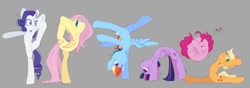 Size: 1200x421 | Tagged: safe, artist:melodylibris, derpibooru import, applejack, fluttershy, pinkie pie, rainbow dash, rarity, twilight sparkle, twilight sparkle (alicorn), alicorn, earth pony, pegasus, pony, unicorn, backbend, blushing, bridge stretch, cannonball, cutie mark, female, flexible, flustered, gray background, handstand, horn, mane six, mare, simple background, smiling, splits, spread wings, standing, standing on one leg, straining, stretching, upside down, wings