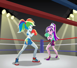 Size: 900x798 | Tagged: safe, artist:sapphiregamgee, derpibooru import, aria blaze, rainbow dash, equestria girls, boxing, boxing gloves, boxing ring, boxing shorts, midriff, solo, sports