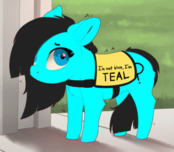 Size: 1623x1413 | Tagged: safe, artist:evehly, edit, editor:edits of hate, twibooru import, oc, oc only, oc:anon filly, earth pony, pony, communicoat, female, filly, foal, looking sideways, ponified animal photo, service dog, solo, teal, trembling