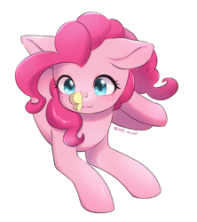 Size: 3021x3402 | Tagged: safe, artist:dos_towel, derpibooru import, pinkie pie, butterfly, earth pony, pony, butterfly on nose, ears, female, floppy ears, insect on nose, looking at something, lying down, mare, prone, simple background, solo, white background