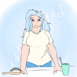 Size: 1619x1619 | Tagged: safe, artist:japaw, derpibooru import, trixie, human, bathroom, breasts, brush, clothes, cup, female, hairbrush, humanized, messy hair, music notes, pants, shirt, sink, solo, t-shirt, titsie, toothbrush