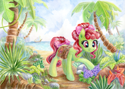Size: 1685x1200 | Tagged: safe, artist:maytee, derpibooru import, oc, oc only, earth pony, pony, bag, commission, flower, ocean, palm tree, saddle bag, ship, solo, traditional art, tree, water