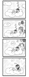 Size: 1075x2811 | Tagged: safe, artist:forest0816, derpibooru import, pinkie pie, rainbow dash, earth pony, pegasus, pony, balloon, cloud, comic, duo, duo female, eating, eyes closed, female, japanese, manga, monochrome, mouth hold, onomatopoeia, open mouth, simple background, sky, sleeping, smiling, sound effects, speech bubble, waking up, white background, wings, zzz
