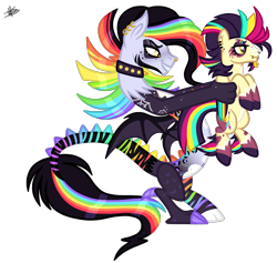 Size: 3787x3589 | Tagged: safe, artist:princessmoonsilver, derpibooru import, oc, oc:cosmic mayhem, oc:lightning spark, draconequus, pegasus, pony, draconequus oc, ear piercing, multicolored hair, nose piercing, piercing, rainbow hair, rainbow tail, reference used, simple background, tail, transparent background