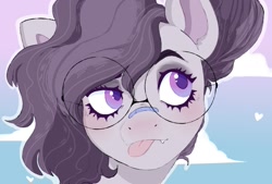 Size: 955x644 | Tagged: safe, artist:woollyart, derpibooru import, oc, oc only, oc:vylet, pegasus, pony, bandaid, bandaid on nose, bust, fangs, glasses, portrait, solo, tongue, tongue out