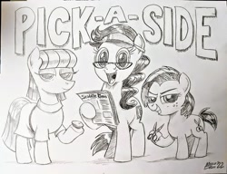 Size: 2048x1573 | Tagged: safe, artist:mellodillo, derpibooru import, babs seed, boulder (pet), maud pie, oc, oc:front page, earth pony, pony, unicorn, glasses, grayscale, grin, hoof hold, looking at you, monochrome, newspaper, open mouth, open smile, pencil drawing, rock, scissors, smiling, smiling at you, splatoon, splatoon 3, traditional art