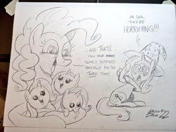 Size: 1024x768 | Tagged: safe, artist:mellodillo, derpibooru import, pinkie pie, trixie, oc, earth pony, pony, unicorn, baby, baby pony, cute, dialogue, drool, female, filly, foal, grayscale, holding a pony, lesbian, magical lesbian spawn, mare, monochrome, offspring, open mouth, open smile, parent:trixie, pencil drawing, shipping, sitting, smiling, traditional art, triplets