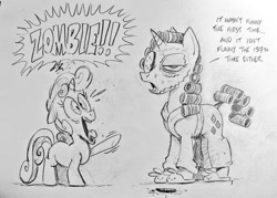 Size: 1024x735 | Tagged: safe, artist:mellodillo, derpibooru import, rarity, sweetie belle, pony, unicorn, bathrobe, bunny slippers, clothes, cucumber, duo, female, filly, foal, food, grayscale, hair curlers, mare, monochrome, mud mask, pencil drawing, raised hoof, raised leg, rarity is not amused, robe, screaming, siblings, sisters, slippers, traditional art, unamused