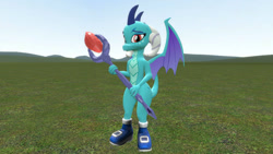 Size: 1280x720 | Tagged: safe, artist:ponygamer2020, artist:ponygamersfm, derpibooru import, princess ember, dragon, 3d, bloodstone scepter, boots, clothes swap, cute, dragoness, dragons wearing clothes, ember acorn, emberbetes, female, looking at you, sally acorn, scepter, shoes, smiling, smiling at you, solo, sonic the hedgehog (series), source filmmaker