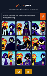 Size: 720x1164 | Tagged: safe, derpibooru import, machine learning generated, sunset shimmer, equestria girls, craiyon, crossover, crossover shipping, dall·e mini, dc comics, female, lesbian, raven (dc comics), shimrav, shipping, teen titans