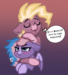 Size: 726x796 | Tagged: safe, artist:nootaz, derpibooru import, oc, oc only, oc:may mache, oc:speed paint, pegasus, pony, blushing, breath, dialogue, duo, eyes closed, freckles, frustrated, noogie, pegasus oc, scrunchy face, unamused