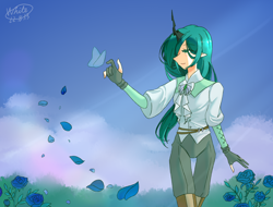 Size: 4096x3112 | Tagged: safe, artist:白乌鸦之翼, derpibooru import, queen chrysalis, butterfly, changeling, changeling queen, human, blue rose, clothes, cloud, elf ears, female, flower, horn, horned humanization, humanized, lidded eyes, outdoors, pants, petals, rose, sky, smiling, solo, wind