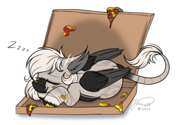 Size: 3256x2306 | Tagged: safe, artist:julunis14, derpibooru import, oc, oc only, oc:devilvoice, bat pony, bat pony oc, ear piercing, female, food, leonine tail, mare, piercing, pizza, pizza box, simple background, sleeping, solo, tail, white background