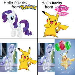 Size: 680x680 | Tagged: safe, derpibooru import, edit, edited screencap, screencap, rarity, crystal pony, pikachu, pony, unicorn, the crystal empire, anime, crystal rarity, crystallized, hello blank from blank, pokémon, pokémon scarlet and violet, terastallize