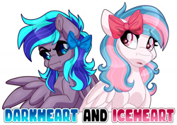 Size: 1280x901 | Tagged: safe, artist:missbramblemele, derpibooru import, oc, oc only, oc:darkheart, oc:iceheart, pegasus, pony, black sclera, duo, duo female, eye clipping through hair, eyebrows, eyebrows visible through hair, female, folded wings, frown, mare, one wing out, open mouth, pegasus oc, simple background, white background, wings