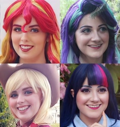 Size: 3876x4086 | Tagged: safe, artist:maddymoiselle, artist:sarahndipity cosplay, derpibooru import, applejack, starlight glimmer, sunset shimmer, twilight sparkle, human, equestria girls, clothes, cosplay, costume, everfree northwest 2019, grin, irl, irl human, photo, smiling