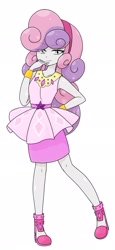 Size: 938x2048 | Tagged: safe, alternate version, artist:batipin, derpibooru import, part of a set, sweetie belle, human, better together, equestria girls, clothes, clothes swap, eye clipping through hair, eyebrows, eyebrows visible through hair, female, looking at you, rarity peplum dress, simple background, smiling, smiling at you, solo, white background