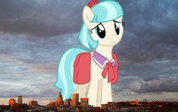 Size: 1555x985 | Tagged: safe, artist:90sigma, artist:thegiantponyfan, derpibooru import, coco pommel, earth pony, pony, bag, female, giant pony, giant/macro coco pommel, giant/macro earth pony, giant/mega coco pommel, giantess, highrise ponies, irl, macro, mare, mega giant, photo, ponies in real life, providence, rhode island, saddle bag