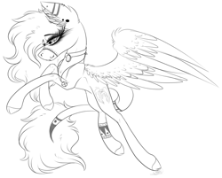 Size: 3761x3025 | Tagged: safe, artist:beamybutt, derpibooru import, oc, oc only, pegasus, pony, choker, ear fluff, ears, eyelashes, female, lineart, mare, pegasus oc, rearing, solo, wings