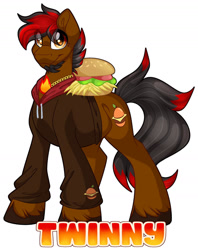 Size: 1280x1614 | Tagged: safe, artist:missbramblemele, derpibooru import, oc, earth pony, burger, clothes, food, hamburger, hoodie, male, simple background, solo, stallion, white background